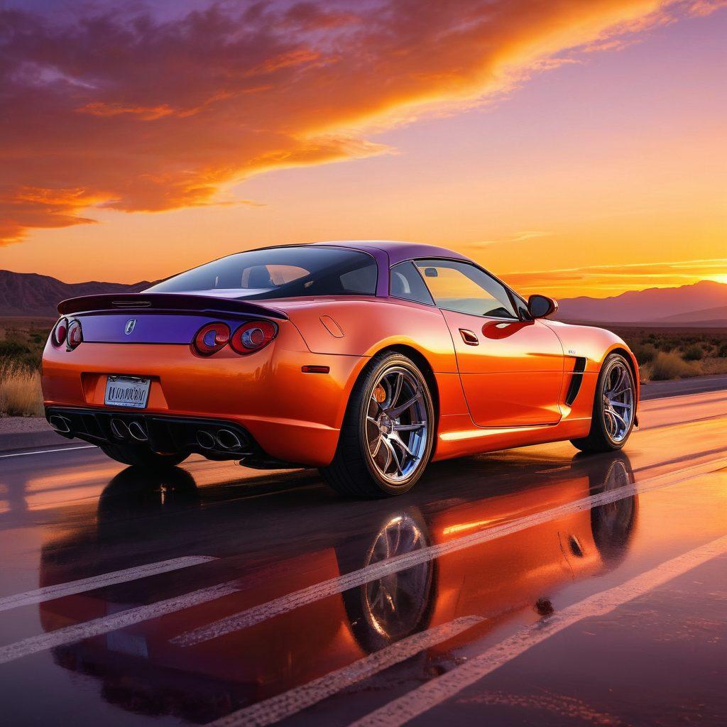 A sleek, glossy car parked on an open road, showcasing stunning upgrades like custom rims, a vibrant paint job, and aerodynamic body kits. The sunlight reflects off the car's surface, highlighting its features while a picturesque sunset enhances the backdrop. The scene exudes a sense of freedom and adventure, inviting viewers to imagine their own road trip. super-realistic. vibrant colors. dramatic sunset.