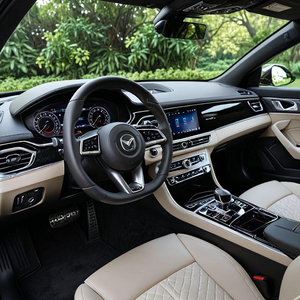 An elegant car interior showcasing a variety of stylish accessories like plush seat covers, sleek steering wheel covers, and modern dashboard gadgets. The car is parked in a scenic location with lush greenery in the background, reflecting a sense of luxury and transformation. The lighting highlights the textures and details of the accessories, inviting viewers to admire the upgrades. super-realistic. vibrant colors. cinematic lighting.