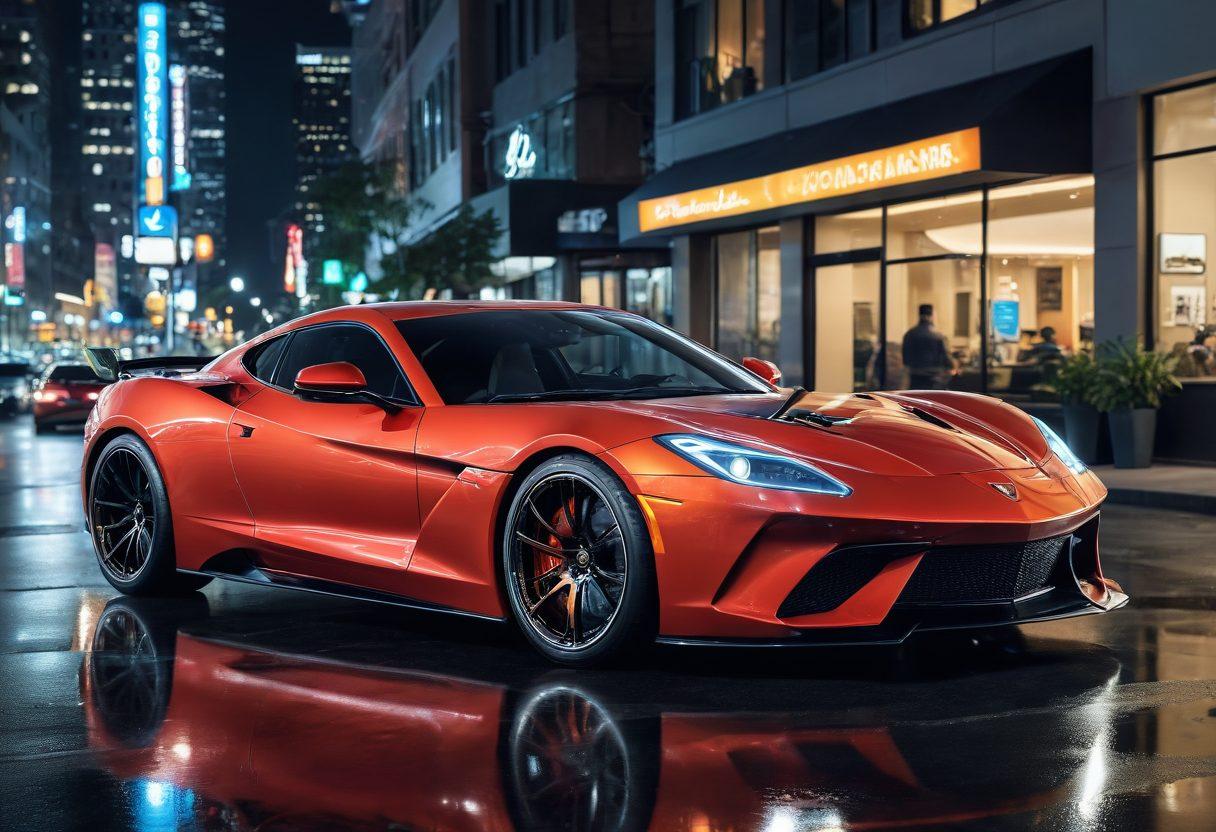 Showcase a sleek, customized sports car gleaming under bright city lights, surrounded by elegantly designed custom parts like spoilers and rims that exhibit a blend of artistry and engineering. Include a workshop setting in the background, highlighting artisans working on intricate enhancements. The atmosphere should convey sophistication and creativity, inviting car enthusiasts to explore the beauty of automotive design. super-realistic. vibrant colors. city nightscape.